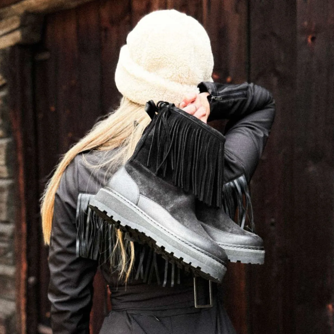 Mono Tag Boot Fringes Leather/Suede Black W